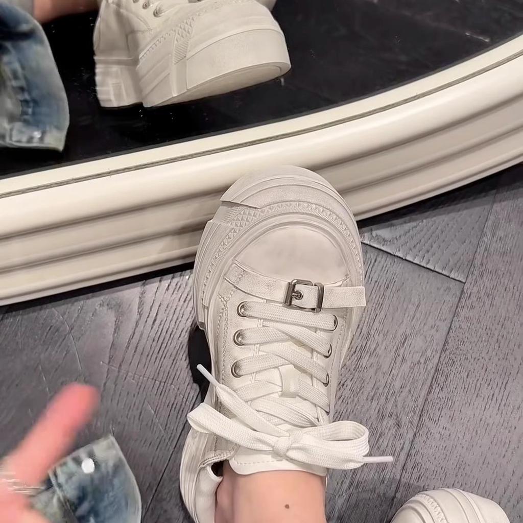 Old Lace-up Thick-soled Heightening Muffin Shoes Women's Leather Casual Korean Version Polished White Shoes Versatile Board Shoes Dirty Shoes