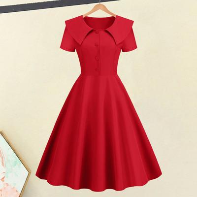 Retro kobiety sukienka skręcić w dół kołnierz krótkie rękawy linia A duże guziki typu swing Slim Fit jednokolorowy 50s bal Midi sukienka na bal