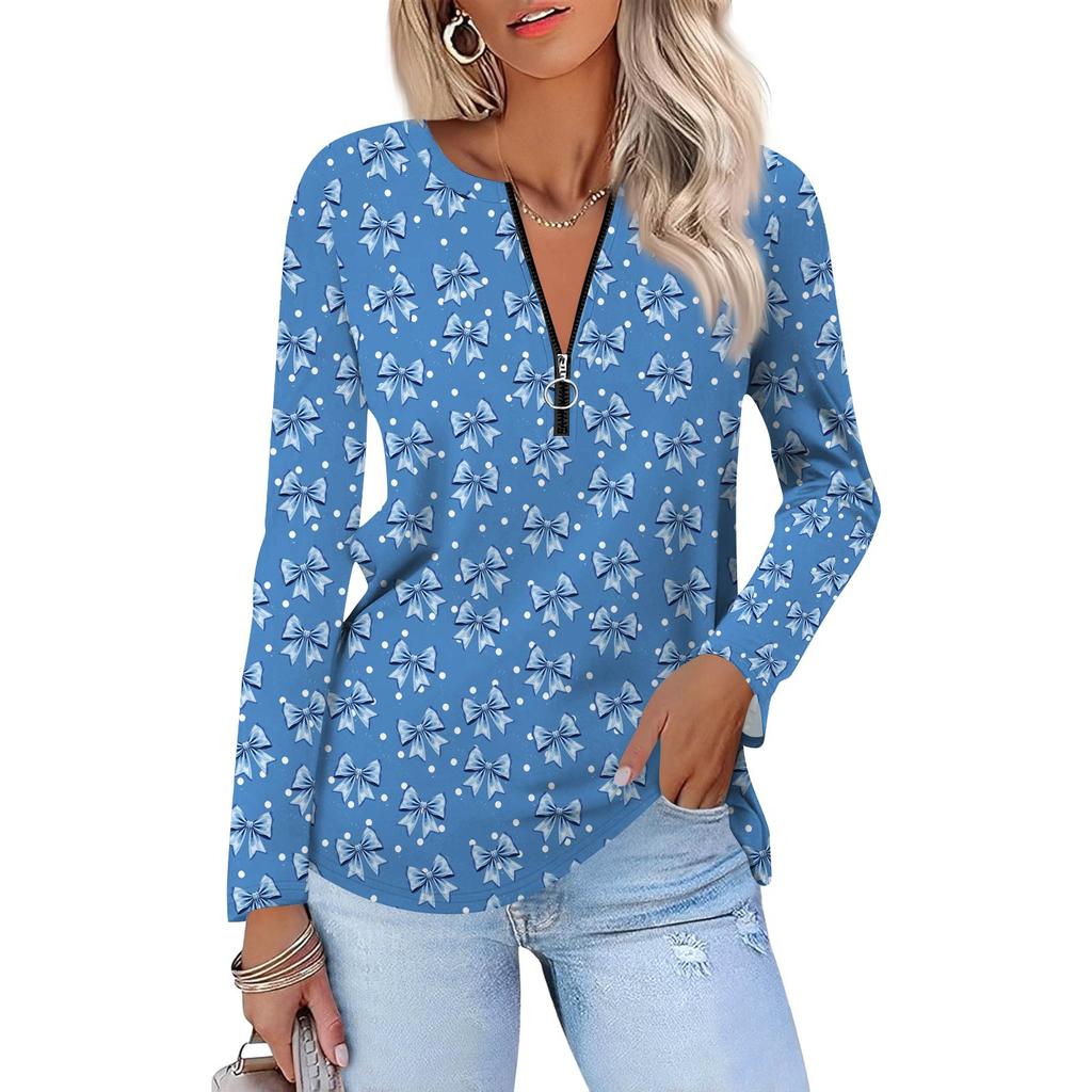 Damenmode Lässig Bedruckt Reißverschluss V-Ausschnitt Langarm Shirt Tops