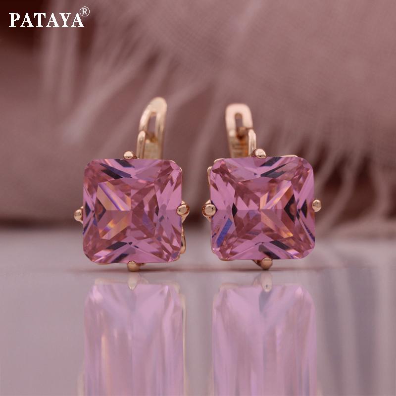 PATAYA Rose Gold Color Inlaid Artificial Zircon Square Sweet Girl Earrings