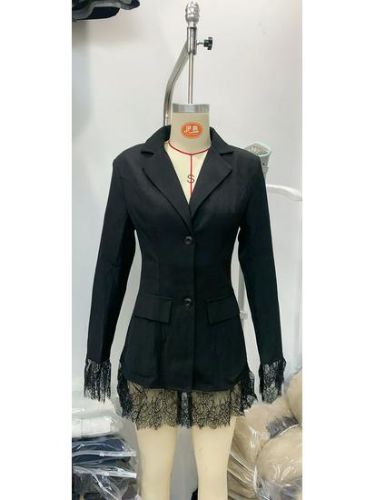 Chic European & American Women's Designer Black Lace Patchwork Slim Fit Blazer