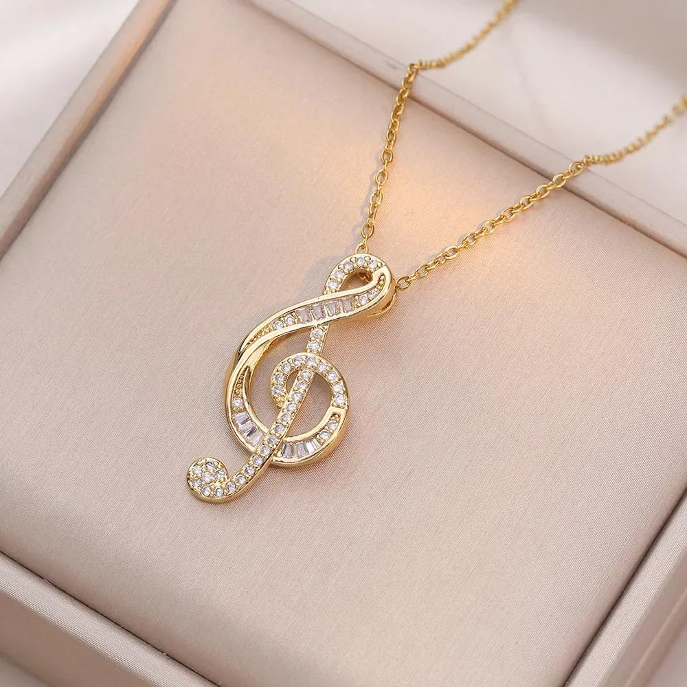 

Elegant Shiny Zircon Music Note Pendant Necklaces for Women Girls Stainless Steel Chain Jewelry Accessories Gifts for Friends