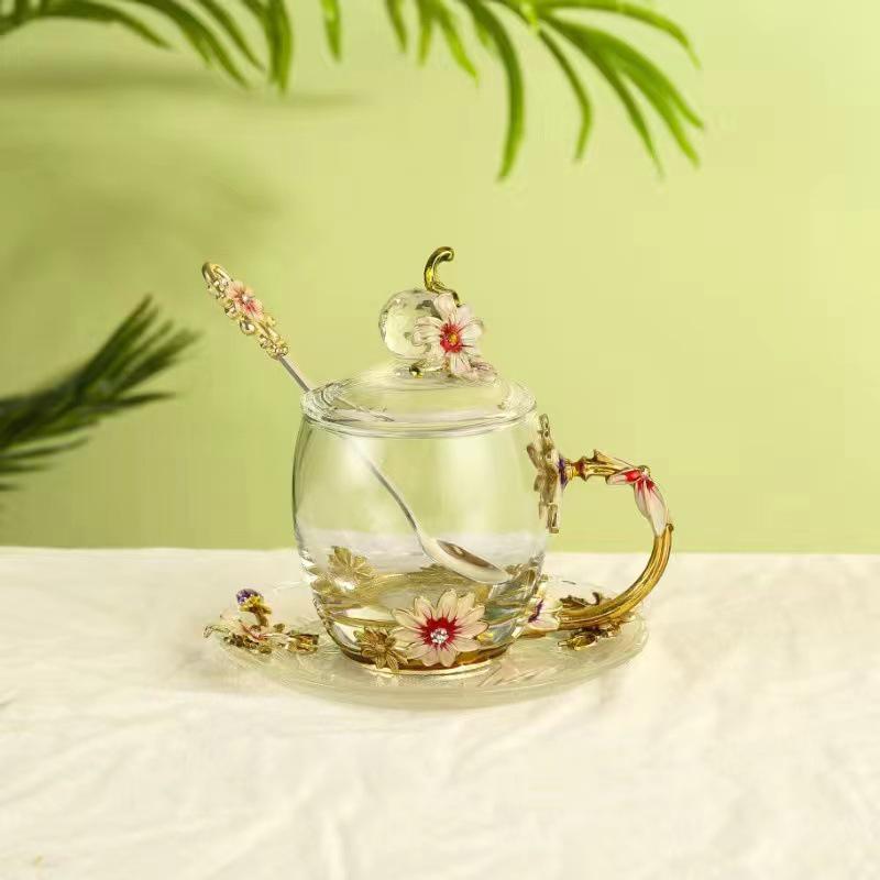 Chrysanthemum Enamel Glass Tea Cup - Lead-Free Crystal Coffee Cup Gift