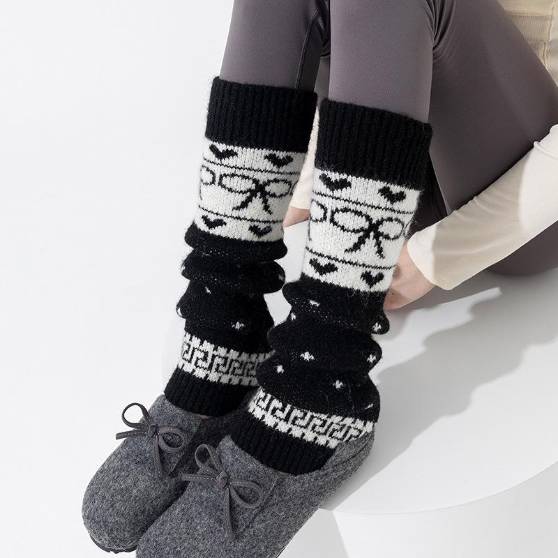 

Girl s Thermal Wool Leg Warmers Fair Isle Knit Bowknot Socks Maillard Brown Winter Boot Cuffs Vintage Fleece Lined Calf Warmers One Size