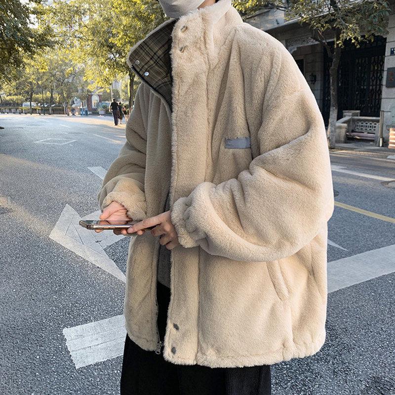 Men's Trendy Fleece-Lined Cotton Jacket - Double-Sided, Thick, and Stylish with Stand Collar & Lamb Wool - Loose Street Style Winter Coat