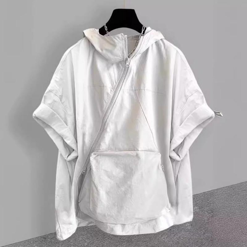 Men Zipper Design Hooded Short Sleeve T Shirt Loose Casual Workwear Big Pocket