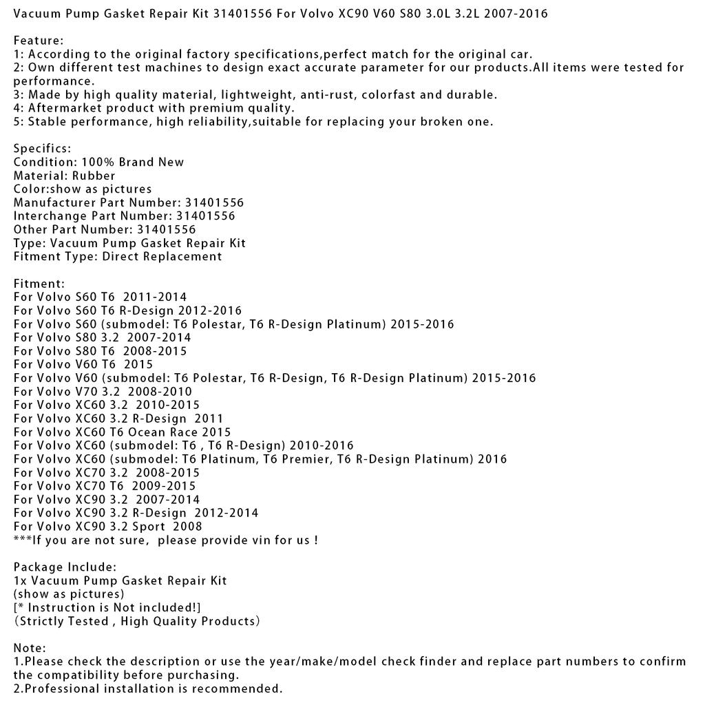 Vacuum Pump Gasket Repair Kit 31401556 For Volvo XC90 V60 S80 3.0L 3.2L 07-2016