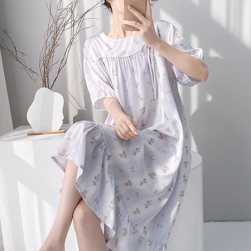 New cotton silk nightdress short-sleeved loose spring and summer loungewear casual loose dress lazy style woman