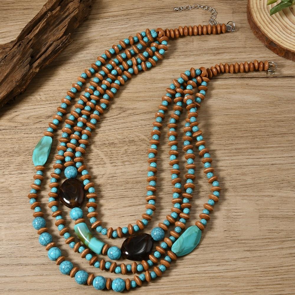 Art Bohemian Multilayer Wooden Pearl Necklace Round Geometric Decoration Women