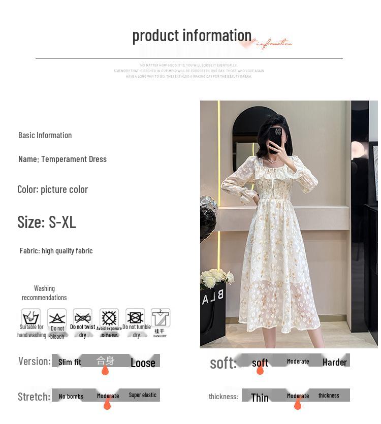 Spring French Square Neck Puff Sleeve Ruffle Dress - Mid-Length, Slim Fit, Jacquard Floral Design