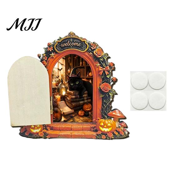 Unique Halloween Shelf Decor Mouse Hole Wall Decoration, Retro Arched Fairy Door with Pumpkin Cute Room Accessories & Flower Decor, Miniature Openable