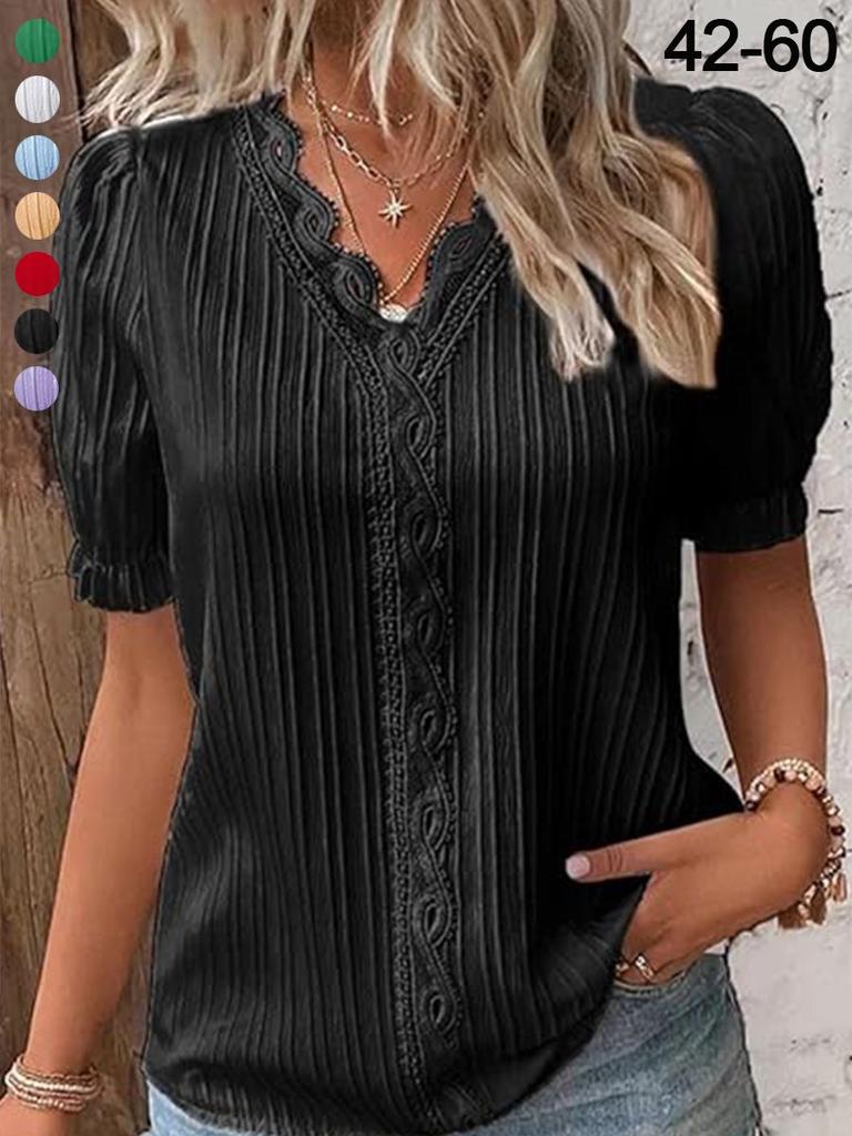 Women's Hollow Out Short Sleeve Blouse Lightweight Breathable Top Casual Summer Shirt with V Neck and Puff Sleeves Suitable for Daily Wear