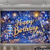 2D Blue Gold Glitter Happy Birthday Backdrop, Champagne Cake Party Banner