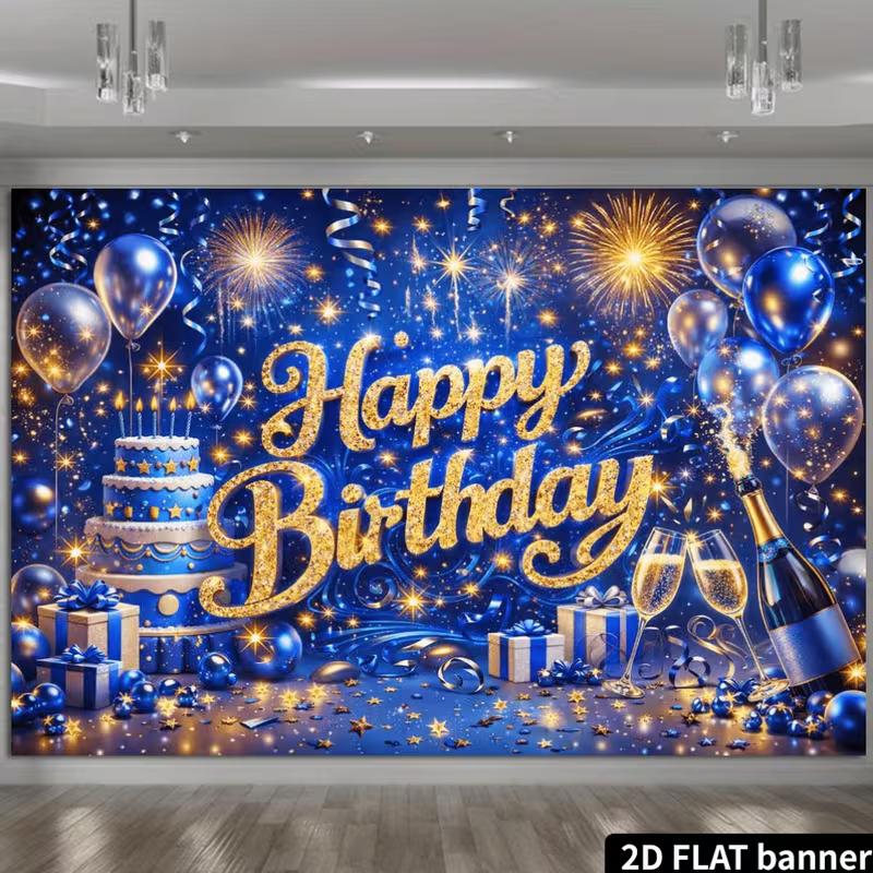 2D Blue Gold Glitter Happy Birthday Backdrop, Champagne Cake Party Banner