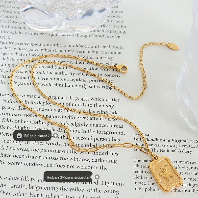 Titanium Steel Gold-Plated Butterfly Pendant Necklace with Retro European and American Design