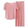 2Pcs Set Womens Pajamas Ice Silk Seamless Soft Breathable Homewear Short Sleeve Top and Elastic Waist Wide Leg Pants Solid Color Loose Lounge Set