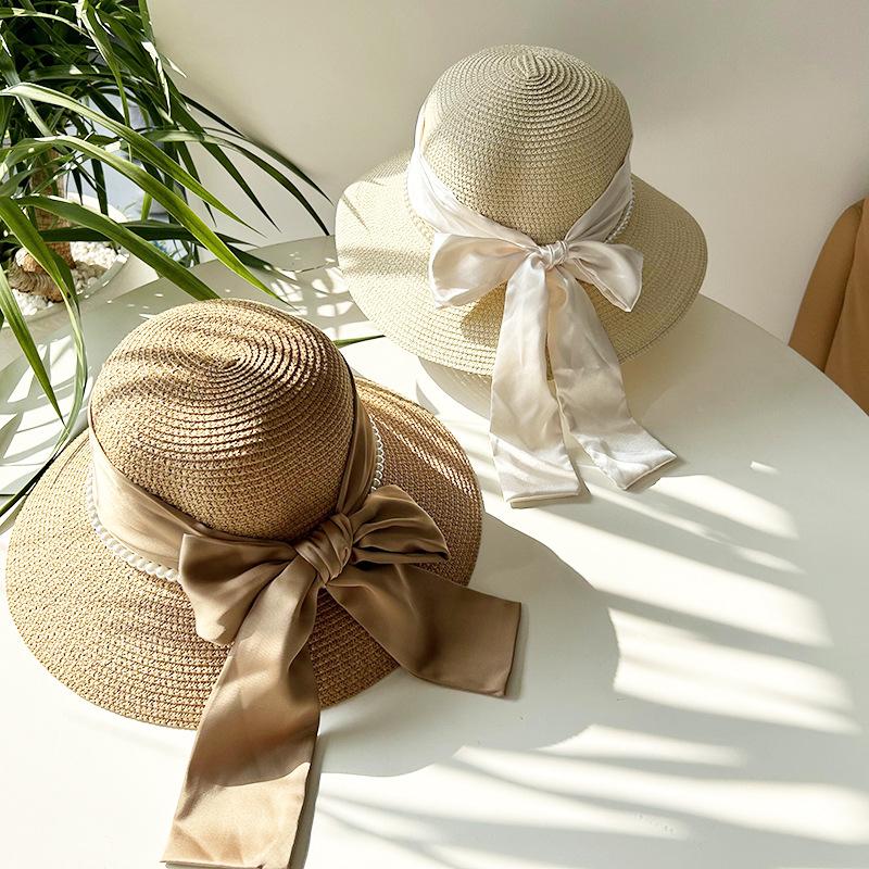 Hat Style Versatile Straw Woven Elegant Pearls Bow Womens Retro Sunshade Hats