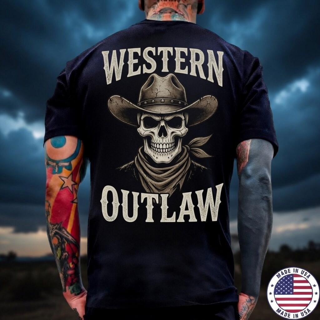 Mens Western Outlaw Skull Cowboy Black Graphic Tee Made in USA S-5XL Unisex T-Shirt S