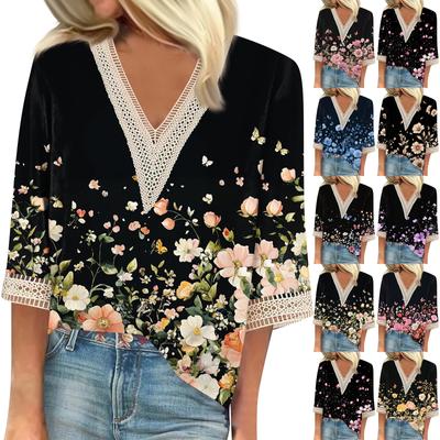 Damenmode V-Ausschnitt Spitze Spitze Vintage Blumendruck T-Shirt Lässig Siebenärmeliges Oberteil
