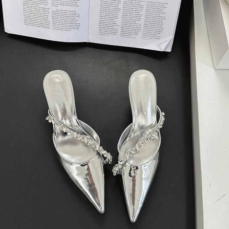 Summer Women's Fashion Crystal Mules Slippers Elegant Cover Toe Dress Slides Ladies Dancing Party High Heel Shoes