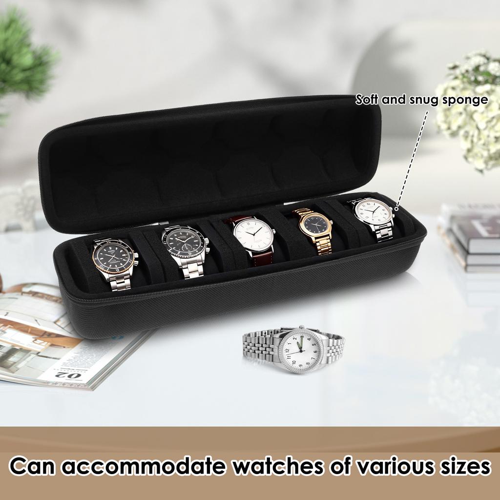 5-Slot Watch Case Universal Watch Carrying Case with Zipper Portable Watch Storage Travel and Display Case for Men and Women