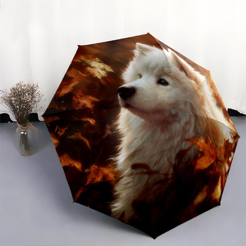 Samoyed and Plant Pattern, Automatic Folding Umbrella, Portable and Foldable Design, 8 Ribs, a Christmas or Birthday Gift.