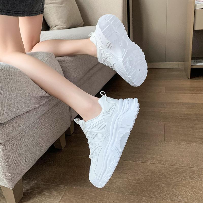 Summer and autumn new thick-soled mesh shoes women's lace-up low-top sports and leisure white shoes