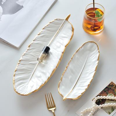 Feather Tray Ceramic Plate Bakery Tray Jewelry Tray with Golden Feathers Desk Storage Dining Plate Trays Decorative Organizer