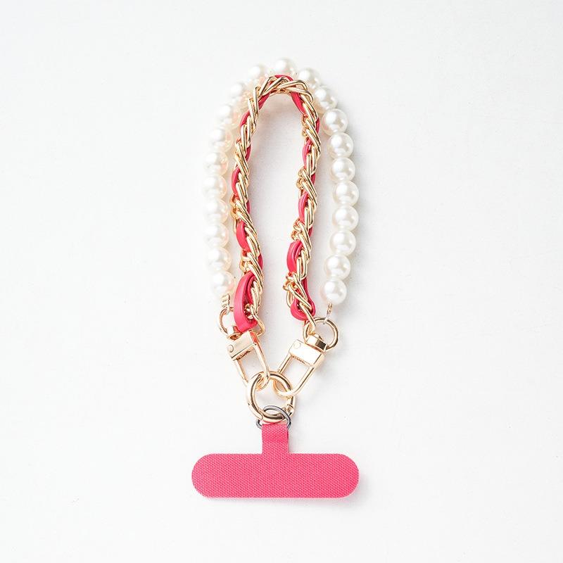 Women Short Wrist Pearl Chain Phone Lanyard Metal Buckle