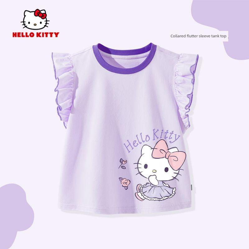 Hello Kitty Girls' T-Shirt Summer 2025 New Pink Girls' Flutter Sleeve Top Pure Cotton Children's Summer Clothing