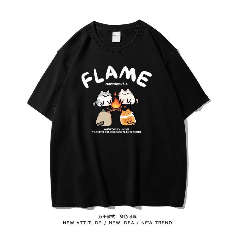 

2025 Kitten Roasting Fire Cute Couple Clothing Spring and Summer Cotton Comfortable Shortsleeved Tshirt Bottoming Shirt With S