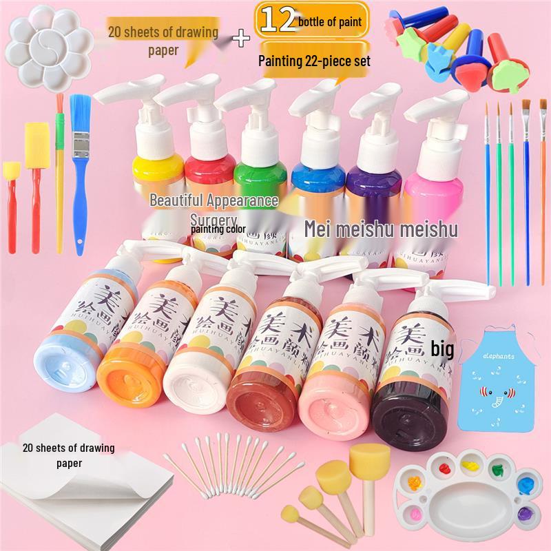 Kindergarten Art Set: 24 Gouache Colors & 12 Mushroom Brushes for Kids