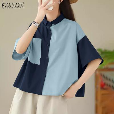 Women Casual Turn Down Collar Loose Patchwork Short Sleeve Blouse