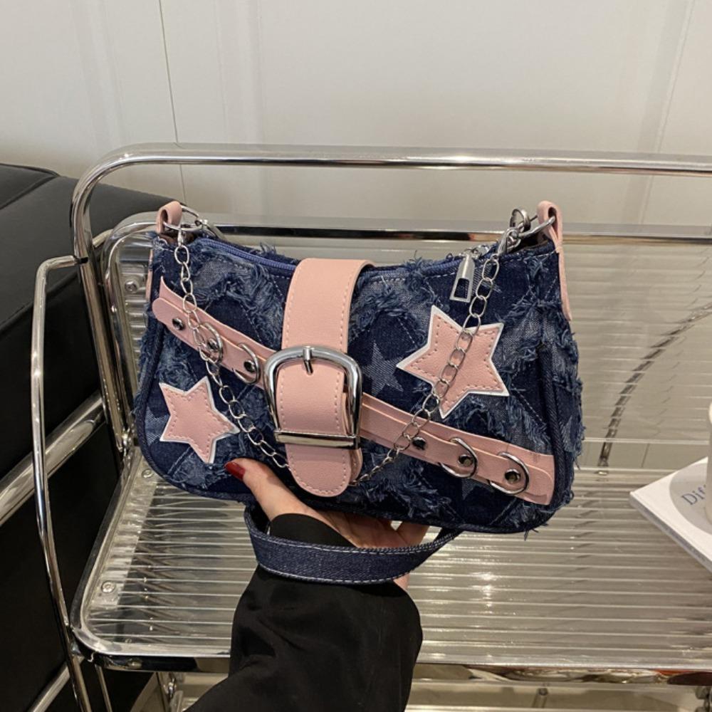 

Korean Style Tattered Jeans Underarm Bag Chain Strap Y2K Denim Tote Bag Streetwear