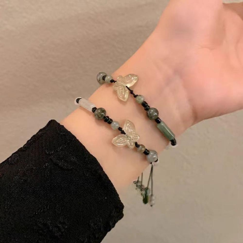 Exquisite Ancient Style Hand-woven Butterfly Bamboo Section Round Bead Bracelets for Women Rise Step By Step Luckiness Zircon