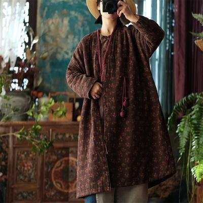 Women Vintage Winter Print Floral Parkas V-Neck Long Sleeve Single Button Coats Plus Cotton Warm Long Parkas