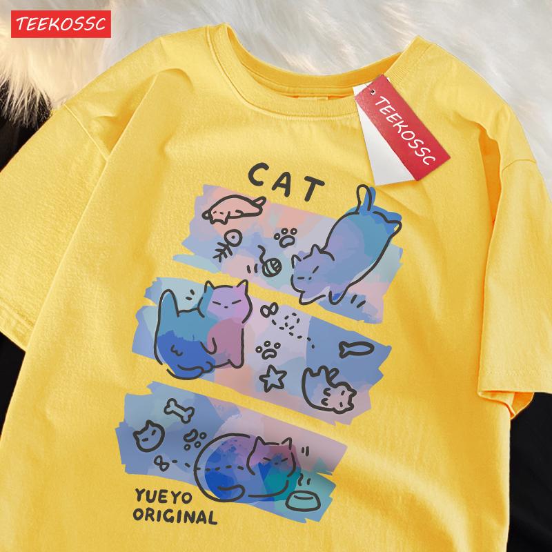 Buntes Drei Katzen Trendiges Lockeres und Atmungsaktives Reine Baumwolle Sommer Kurzarm T-Shirt Männer Frauen Verträumter Spaß Katze Niedliche Kleidung