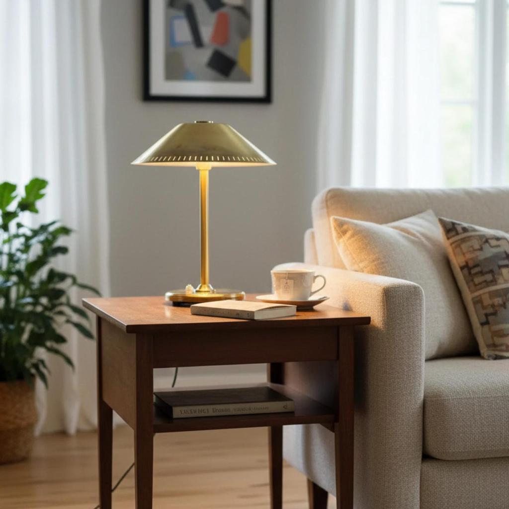Vintage Mid Century Scandinavian Brass Table Lamp with Perforated Shade | 1950s Nordic Modern Desk Lamp | Retro Accent Lighting Deco
