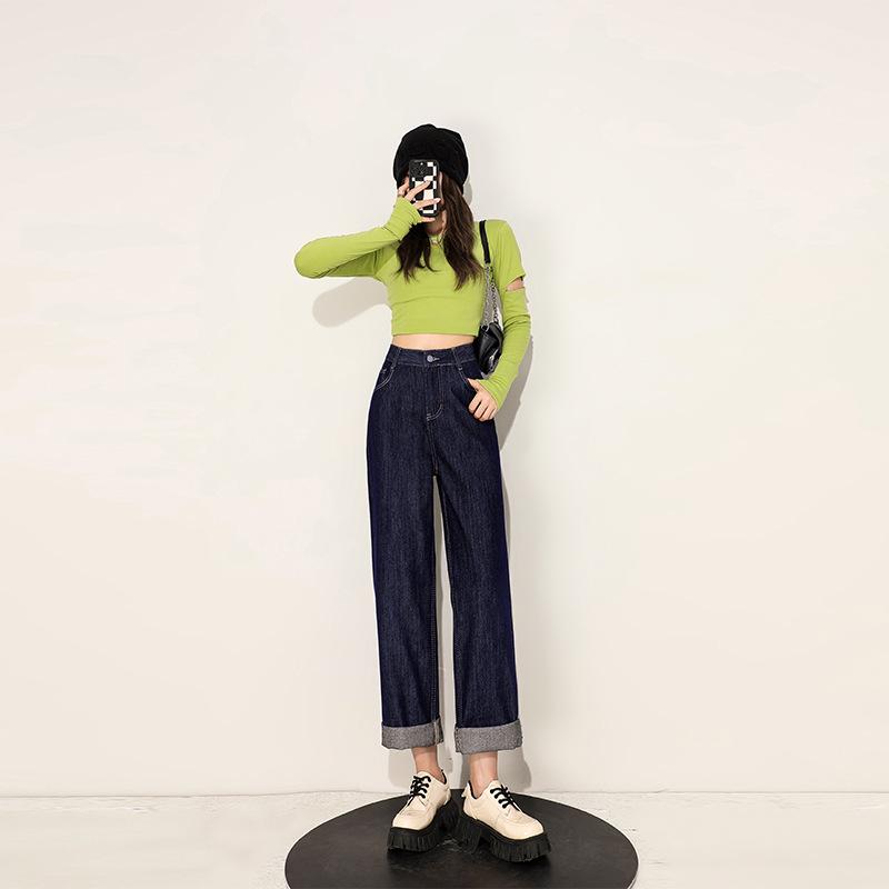 

Women s High-Waist Denim Dark Straight-Leg Jeans, Soft Slimming Cropped Wide-Leg Pants - Summer/Autumn 2025 Collection Extra Extra Large темно-синий