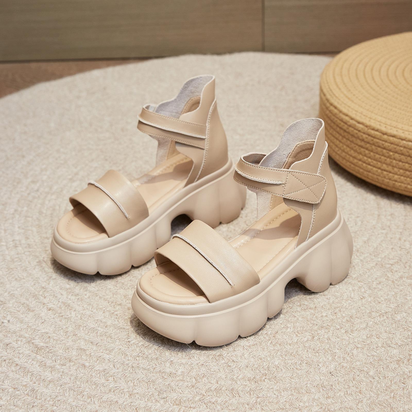 

Sandals women s summer new retro Velcro thick-soled muffin outer wear heightening leather women s shoes 34 абрикосовий