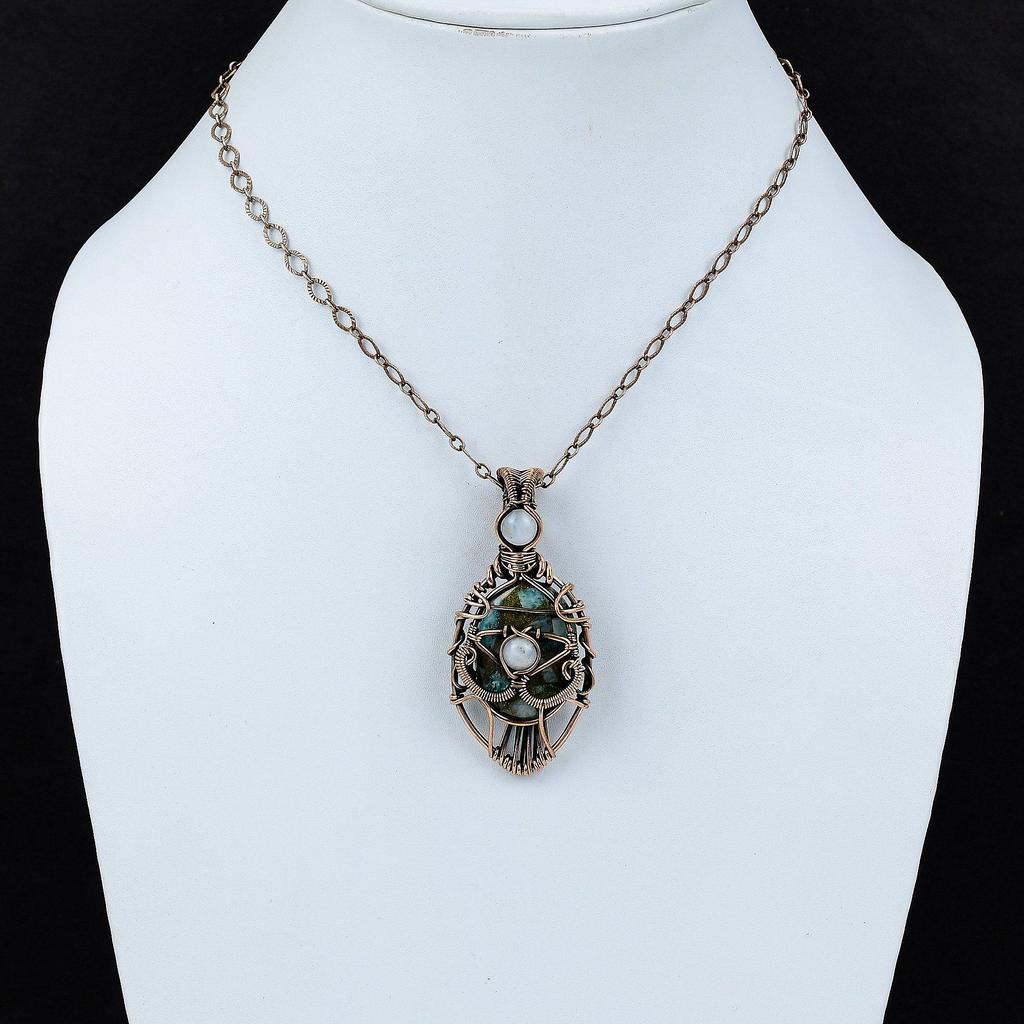 Pandantiv Ochi Rău Cupru Amazonit Pandantiv Piatră Prețioasă Înfășurat în Sârmă de Cupru Bijuterii Delicate Lucrate Manual Pandantiv Piatră Lunii Curcubeu Bijuterii din Sârmă de Cupru