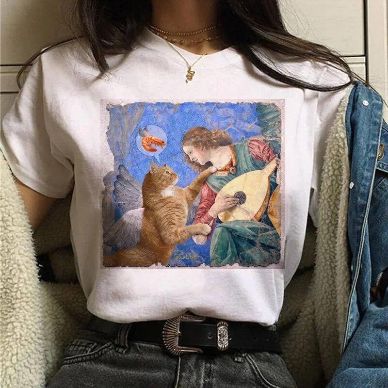 Camiseta Gato Van Gogh woUnisex estampado artístico pintura al óleo hermosa linda divertida camiseta dibujos animados años 90 ulzzang top casual camiseta mujer
