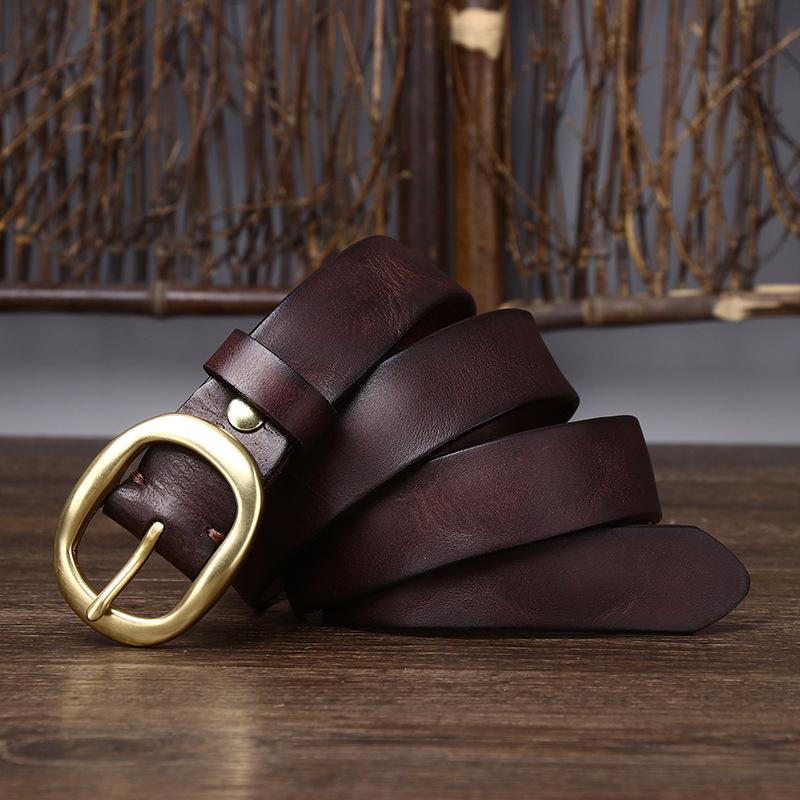 Retro Pleated Trendy Copper Buckle Belt Women'S Genuine Leather First Layer Pure Cowhide Versatile Jeans Belt