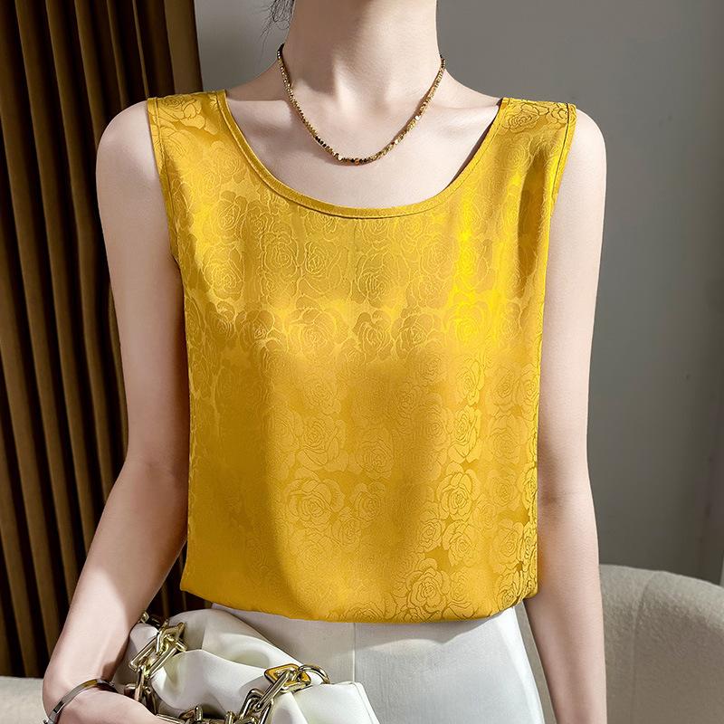 Acetate Satin Round Neck Printed Vest for Women In Summer Simple Smooth and Versatile Sleeveless Suspender Soft and Comfortable Top