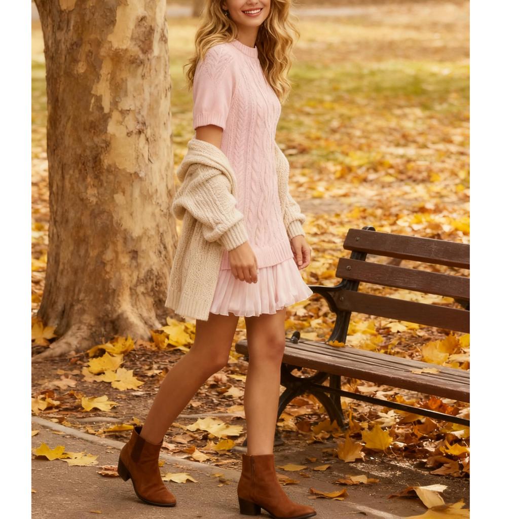 Women's Knit Sweater Dress O Neck Short Sleeve Patchwork Casual Dresses