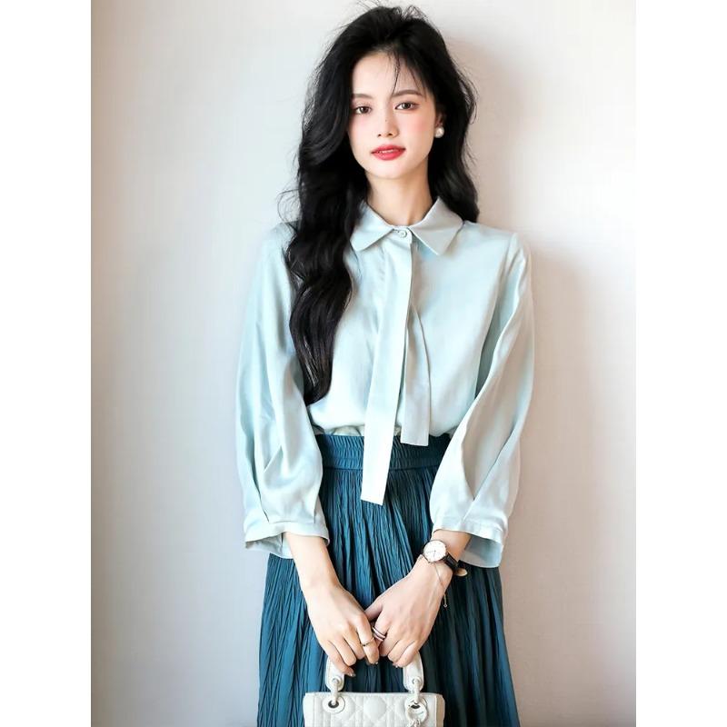 Women s Vintage Light Blue Bow Tie Neck Long Sleeve Top XXL