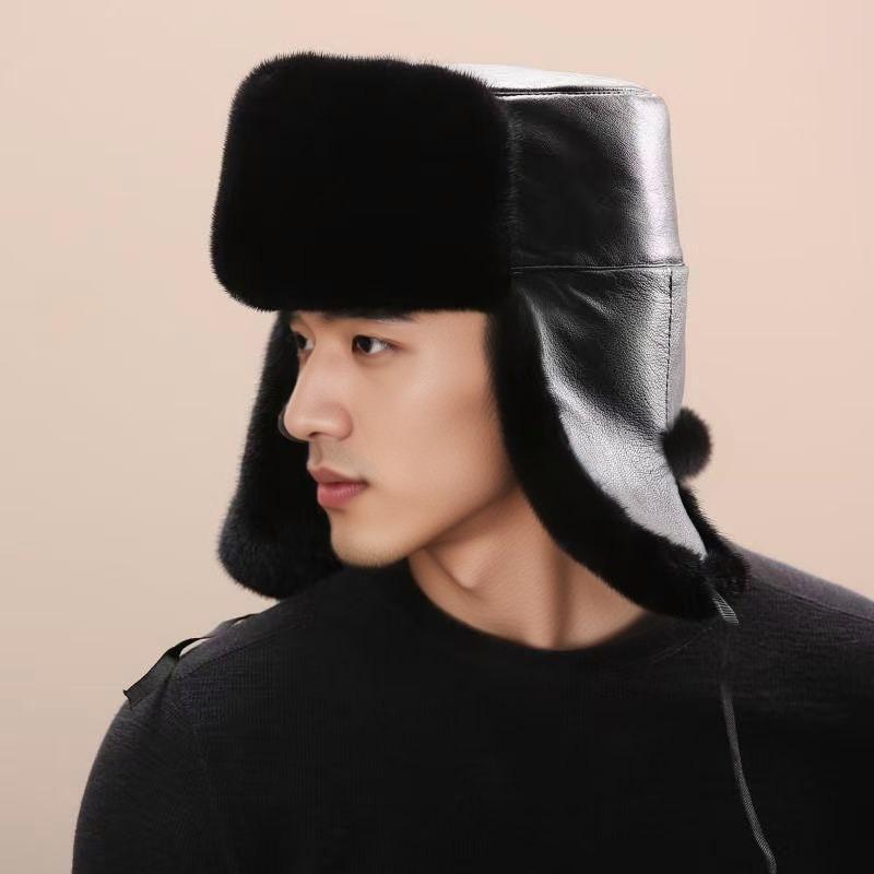 Winter hat Men's thickened ear protection hat Cold-proof medium and old leather hat Imitation mink hat Warm hat