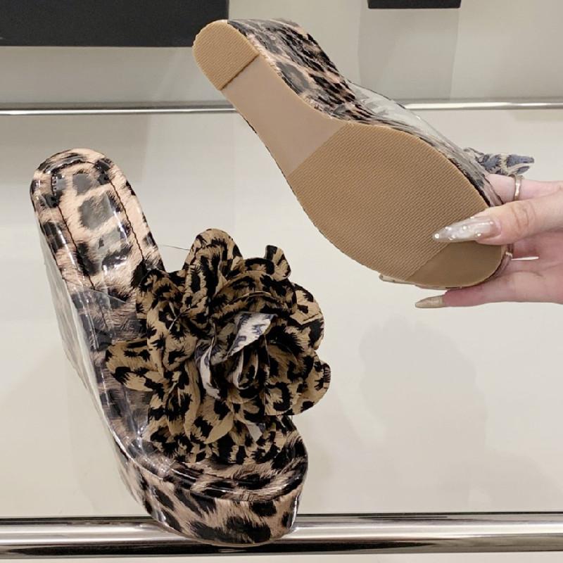 Fashion Leopard Flower Slope Ladies Sandals Transparent PVC Pointed Toe Open Toe Heels for Ladies Summer Fashion 13 Cm Super High Heels