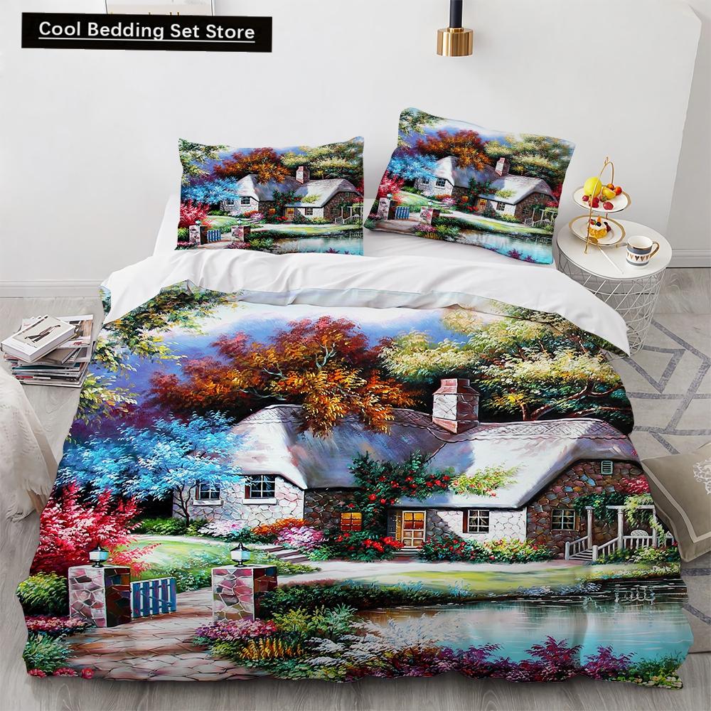 Oil Painting King Queen Duvet Cover Vintage Building Landscape Bedding Set for Adults Retro Art 2/3pcs polyester Quilt Cover