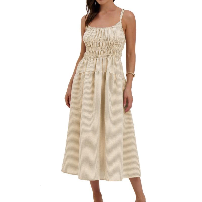 Women Sexy Loose Striped Suspender High Waist Slimming Commuting Midi Dress